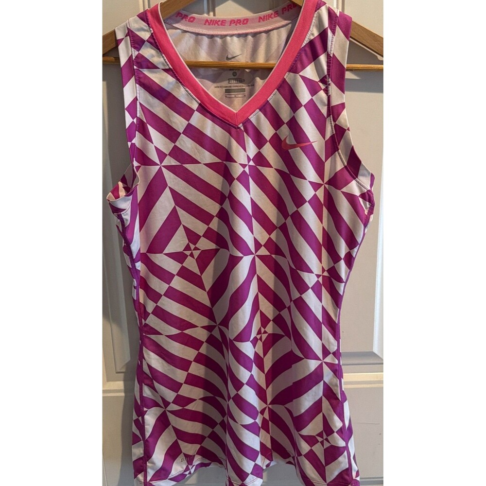 Nike Pro Dri Fit Fitted Womens V Neck Pink White Geometric Tank Top Sz Medium